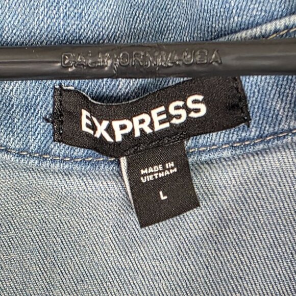 Womens Express Blue Denim Corset Mini Shirt Dress Puff Sleeve Button Up Size L - Picture 3 of 8